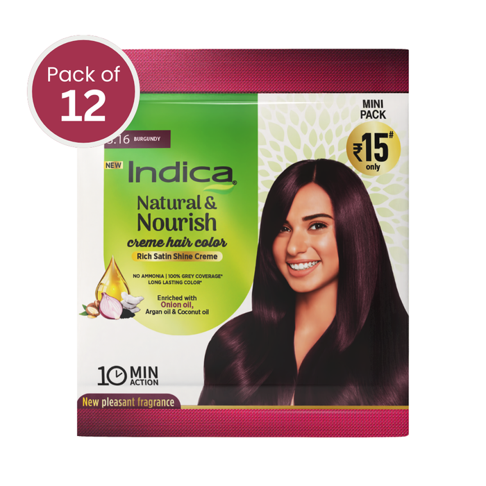 Indica Crème 10 Minutes Hair Color, Burgundy (12g + 12ml) | 100% Grey Coverage | Ammonia-Free | Long Lasting Colour | Enriched with Walnut Oil & Silk Proteins (Pack of 12)