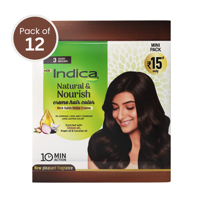 Indica Crème 10 Minutes Hair Color, Dark Brown (12g + 12ml) | 100% Grey Coverage | Ammonia-Free | Long Lasting Colour | Enriched with Walnut & Silk Proteins (Pack of 12)
