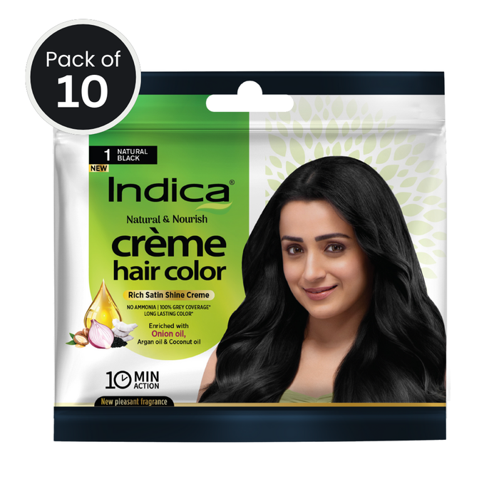 Indica Crème 10 Minutes Hair Color, Natural Black (20g + 20ml) | 100% Grey Coverage | Ammonia-Free | Long Lasting Colour | Enriched with Walnut Oil & Silk Proteins (Pack of 10)