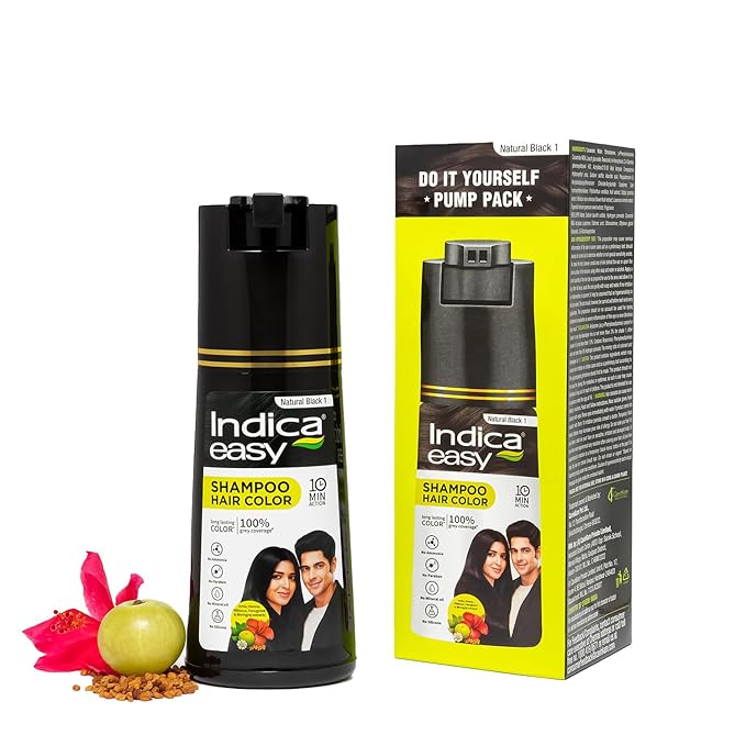 Indica Easy Do-It-Yourself Hair Color Shampoo Pump Pack with 5 Herbal Extracts and 100% Ammonia Free, Long Lasting Formula, 180 ML - Natural Black Colour