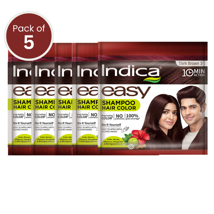 Indica Easy Hair Colour – Dark Brown, 9g + 9ml | No Ammonia | Enriched with Amla, Henna, Bhringraj, Hibiscus | Covers Grey in 10 Minutes | For Men & Women (Pack of 5)