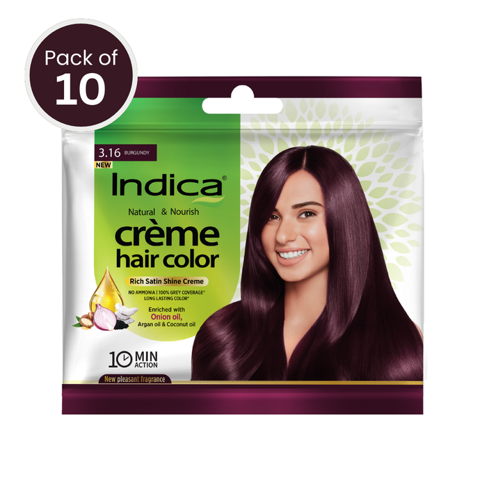 Indica Crème 10 Minutes Hair Color, Burgundy (20g + 20ml) | 100% Grey Coverage | Ammonia-Free | Long Lasting Colour | Enriched with Walnut Oil & Silk Proteins (Pack of 10)