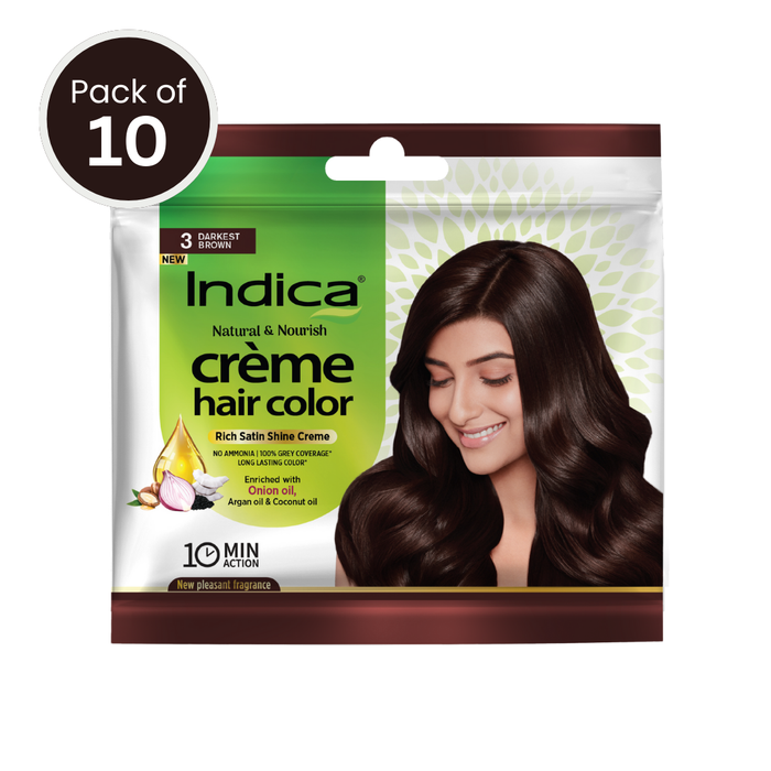 Indica Crème 10 Minutes Hair Color, Dark Brown (20g + 20ml) | 100% Grey Coverage | Ammonia-Free | Long Lasting Colour | Enriched with Walnut & Silk Proteins (Pack of 10)
