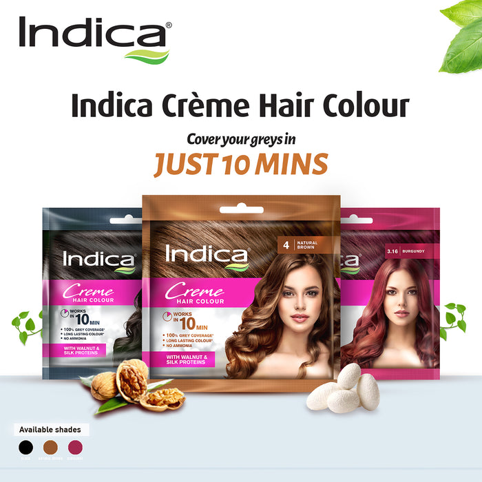 Indica Creme 10 Minutes Hair Color, Long Lasting Colour, 100% Ammonia Free with Walnut and Silk Proteins, (20g + 20ml) - Burgundy