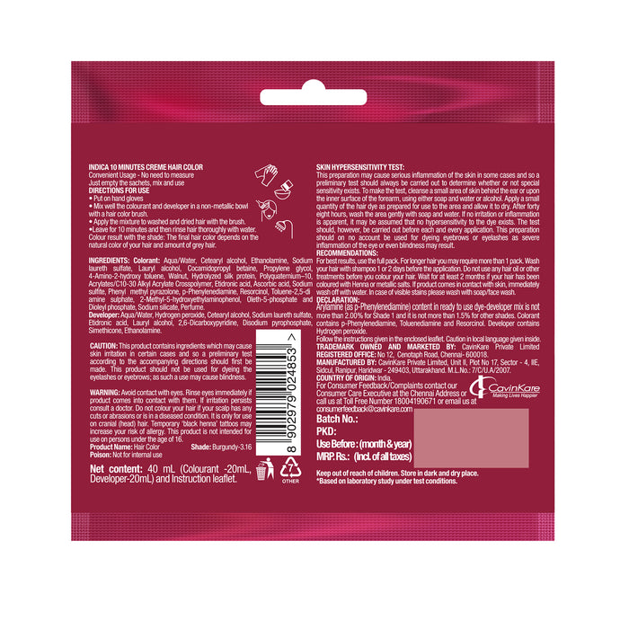 Indica Creme 10 Minutes Hair Color, Long Lasting Colour, 100% Ammonia Free with Walnut and Silk Proteins, (20g + 20ml) - Burgundy