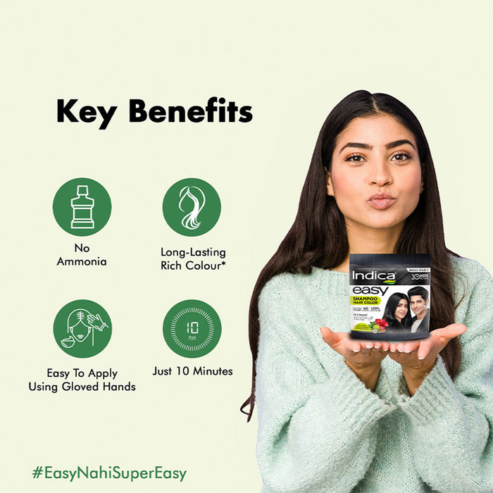 Indica Easy Hair Colour – Natural Black, 9g + 9ml | Ammonia-Free | Enriched with Amla, Henna, Bhringraj, Hibiscus | Covers Greys in 10 Minutes | For Men & Women (Pack of 5)