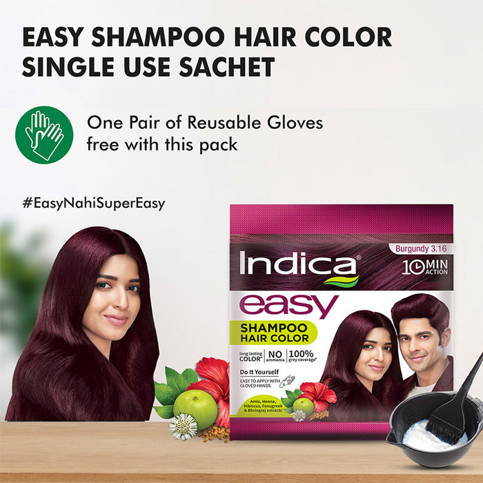 Indica Easy Hair Colour – Burgundy 12.5g + 12.5ml | No Ammonia | Enriched with Amla, Henna, Bhringraj, Hibiscus | Covers Grey in 10 Minutes | For Men & Women (Pack of 3)