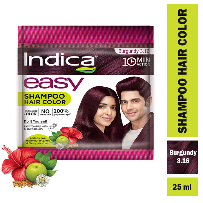 Indica Easy Hair Colour – Burgundy 12.5g + 12.5ml | No Ammonia | Enriched with Amla, Henna, Bhringraj, Hibiscus | Covers Grey in 10 Minutes | For Men & Women (Pack of 3)