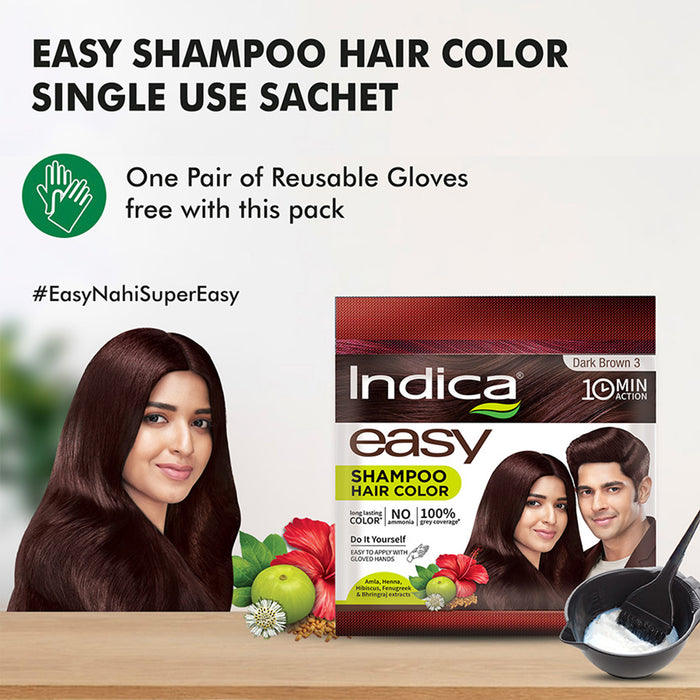 Indica Easy Do-It-Yourself 10 Minutes Hair Color Shampoo with 5 Herbal Extracts, 100% Ammonia Free, Long Lasting Formula (12.5g + 12.5ml) - Dark Brown Colour (Gloves Included)