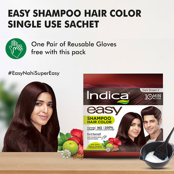 Indica easy shampoo hair color dark brown 3 single use sachet