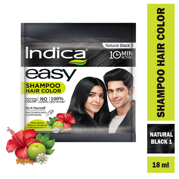 Indica Easy Do-It-Yourself 10 Minutes Hair Color Shampoo with 5 Herbal Extracts, 100% Ammonia Free, Long Lasting Formula (9g + 9ml) - Natural Black Colour (Gloves Included)