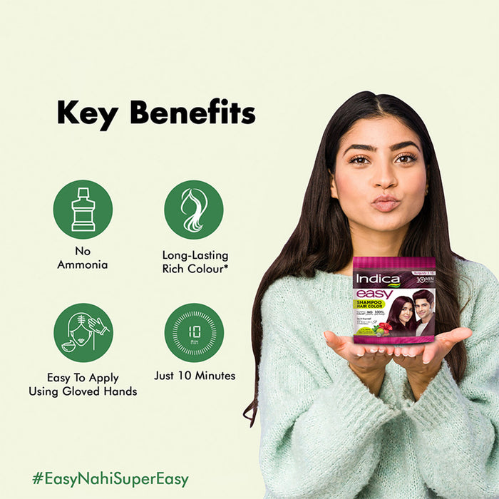 Indica Easy Hair Colour – Burgundy 9g + 9ml | No Ammonia | Enriched with Amla, Henna, Bhringraj, Hibiscus | Covers Grey in 10 Minutes | For Men & Women (Pack of 5)