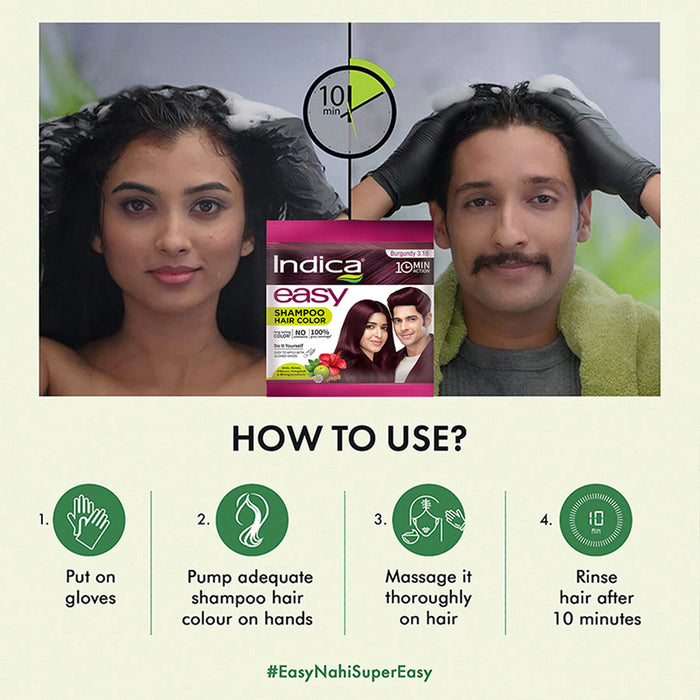 Indica Easy Hair Colour – Burgundy 9g + 9ml | No Ammonia | Enriched with Amla, Henna, Bhringraj, Hibiscus | Covers Grey in 10 Minutes | For Men & Women (Pack of 5)