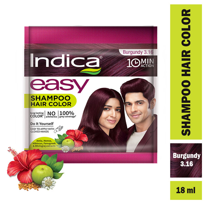 Indica Easy Hair Colour – Burgundy 9g + 9ml | No Ammonia | Enriched with Amla, Henna, Bhringraj, Hibiscus | Covers Grey in 10 Minutes | For Men & Women (Pack of 5)