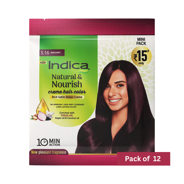 Indica Crème 10 Minutes Hair Color, Burgundy (12g + 12ml) | 100% Grey Coverage | Ammonia-Free | Long Lasting Colour | Enriched with Walnut Oil & Silk Proteins (Pack of 12)