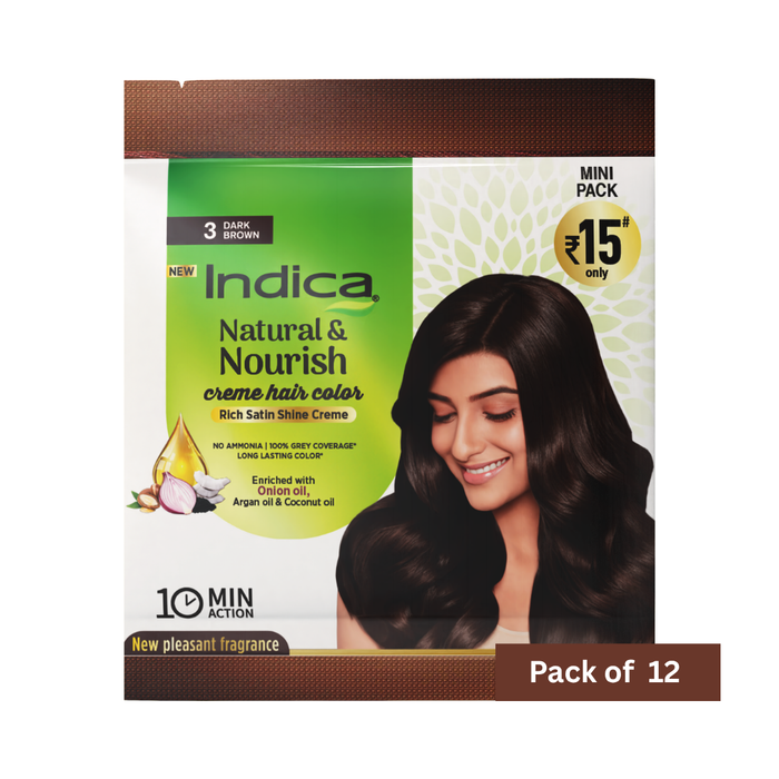 Indica Crème 10 Minutes Hair Color, Natural Brown (12g + 12ml) | 100% Grey Coverage | Ammonia-Free | Long Lasting Colour | Enriched with Walnut & Silk Proteins (Pack of 12)