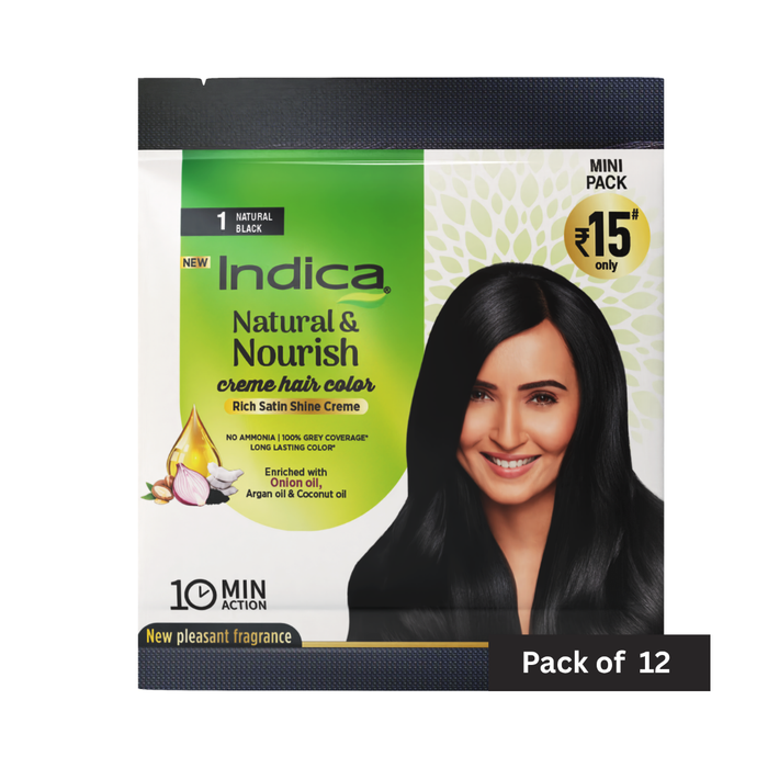 Indica Crème 10 Minutes Hair Color, Natural Black (12g + 12ml) | 100% Grey Coverage | Ammonia-Free | Long Lasting Colour | Enriched with Walnut Oil & Silk Proteins (Pack of 12)