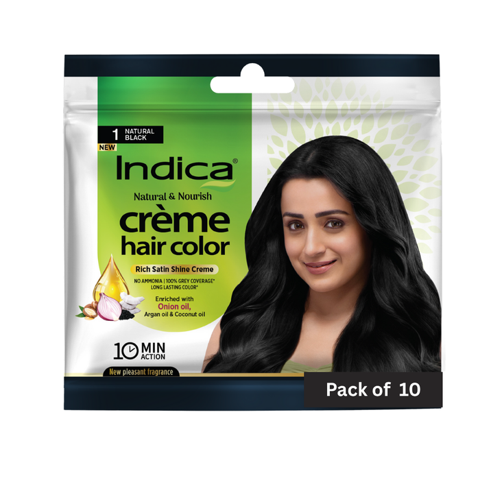 Indica Crème 10 Minutes Hair Color, Natural Black (20g + 20ml) | 100% Grey Coverage | Ammonia-Free | Long Lasting Colour | Enriched with Walnut Oil & Silk Proteins (Pack of 10)