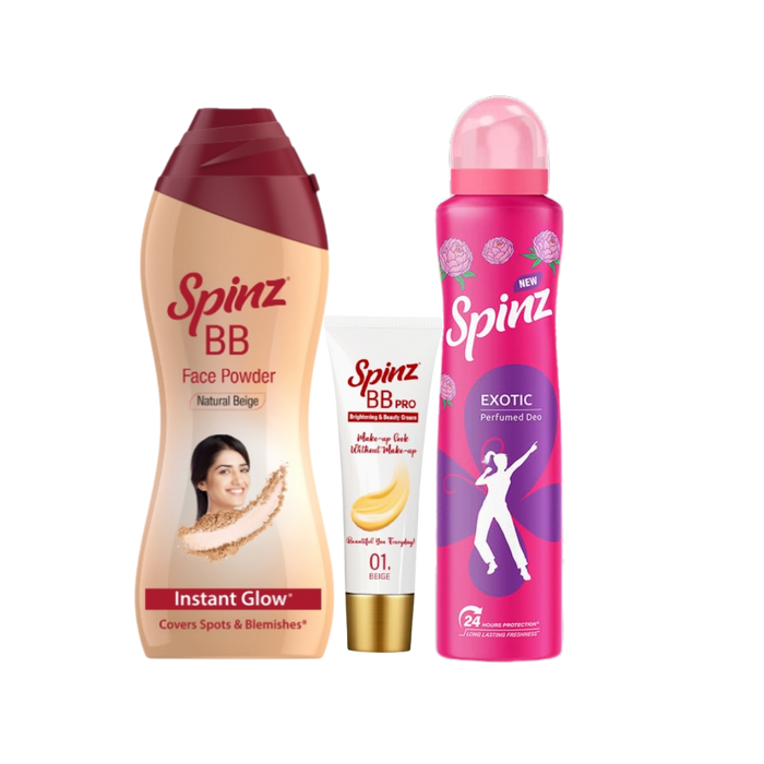 Spinz Face Powder + Spinz BB Pro Brightening face cream + Spinz Exotic Perfumed Deo for Women (Bulgarian Rose Fragrance)