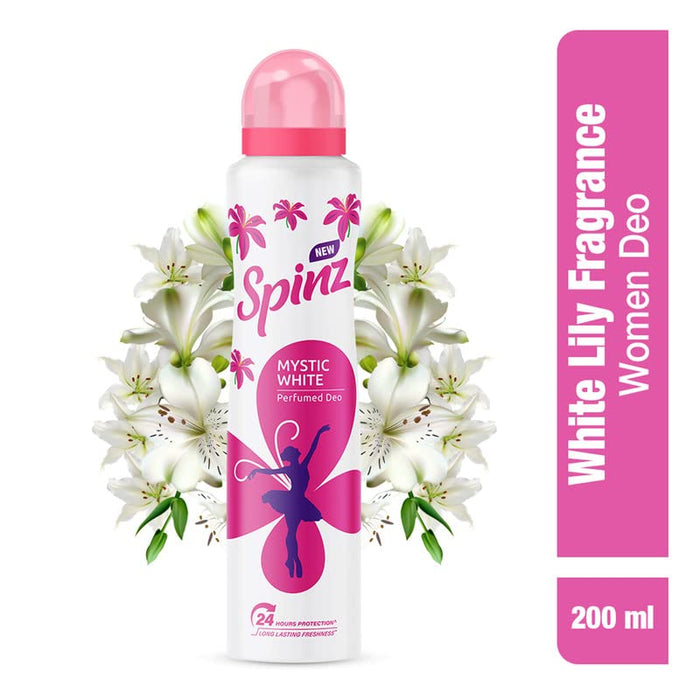 Spinz Mystic White Perfumed Deo for Women, with Fresh Lily Fragrance for Long Lasting Freshness and 24 Hours Protection, 200ml