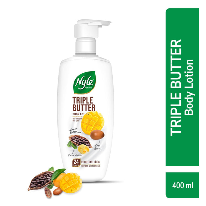Nyle Naturals Triple Butter Body Lotion with Cocoa Butter, Mango Butter & Shea Butter for 24 Hours Long Lasting Moisturization - 400 ml