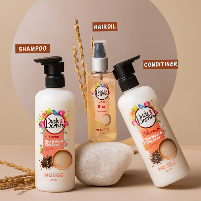 Rice Water and Chia Seeds Hair Care and Massage Combo- Shampoo + Conditioner + Hair Oil