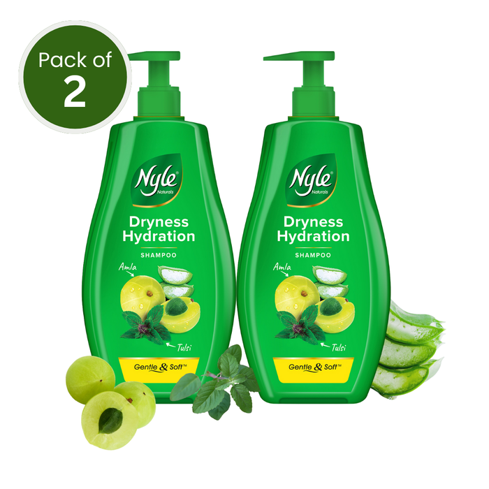 Nyle Naturals Dryness Hydration Shampoo, 800ml | For Dry & Frizz-Free Hair With Tulsi, Amla, and Aloe Vera | Gentle & Soft Shampoo For Men & Women (Pack of 2)