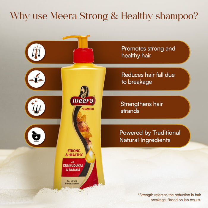 Meera Strong and Healthy Shampoo, 340 ml | With Goodness of Kunkudukai & Badam Gives Soft & Smooth Hair | For Men and Women, Paraben Free