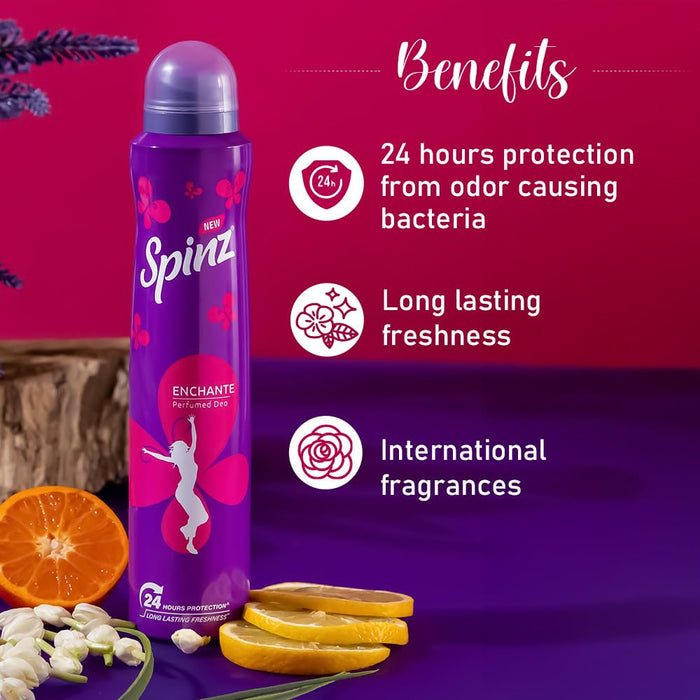 Spinz Enchante Perfumed Deo for Women, with International Fragrances for Long Lasting Freshness and 24 Hours Protection, 200ml | International Fragrances for Long Lasting Freshness of Women Deo (Pack of 2)
