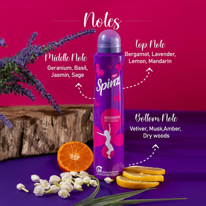 Spinz Enchante Perfumed Deo for Women, with International Fragrances for Long Lasting Freshness and 24 Hours Protection, 200ml | International Fragrances for Long Lasting Freshness of Women Deo (Pack of 2)