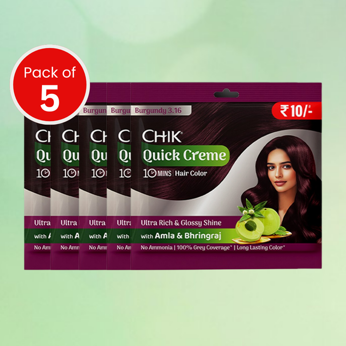 Chik Quick Crème Hair Color 24 gm | Burgundy | Ammonia Free Hair Color (Pack of 5)