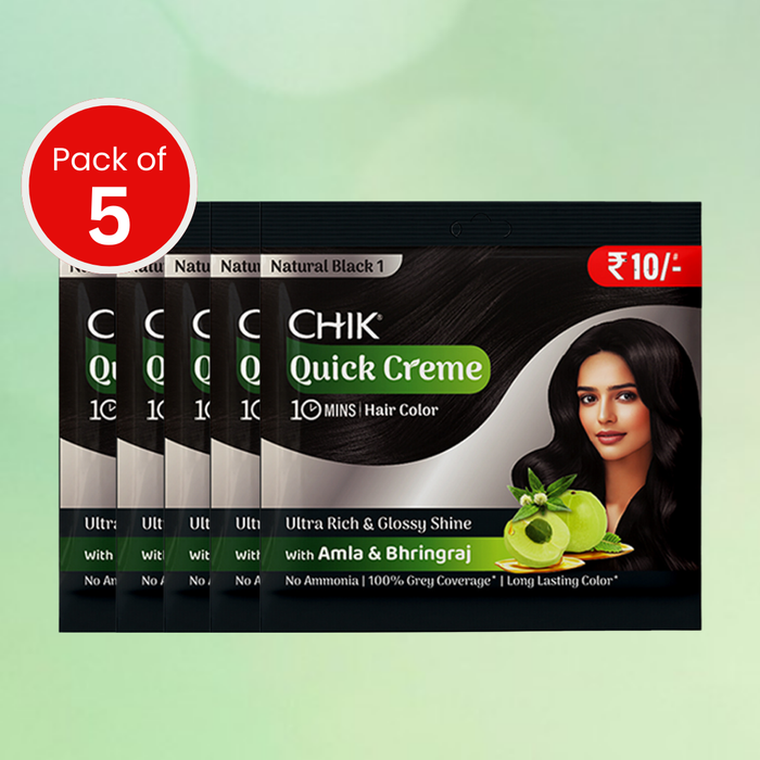 Chik Quick Crème Hair Color 24 gm | Natural Black | Ammonia Free Hair Color (Pack of 5)
