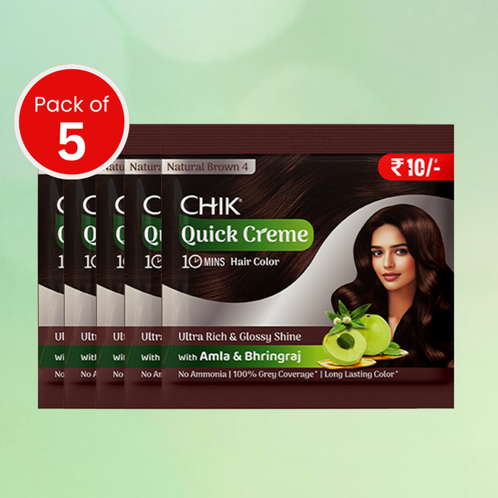 Chik Quick Crème Hair Color 24 gm | Natural Brown | Ammonia Free Hair Color (Pack of 5)