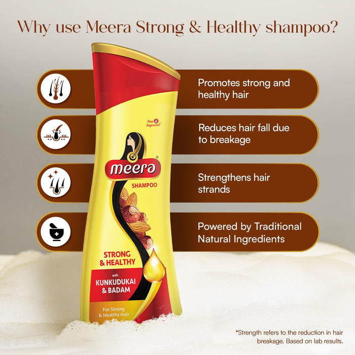 Meera Strong and Healthy Shampoo, 180ml | With Goodness of Kunkudukai & Badam Gives Soft & Smooth Hair | For Men and Women, Paraben Free