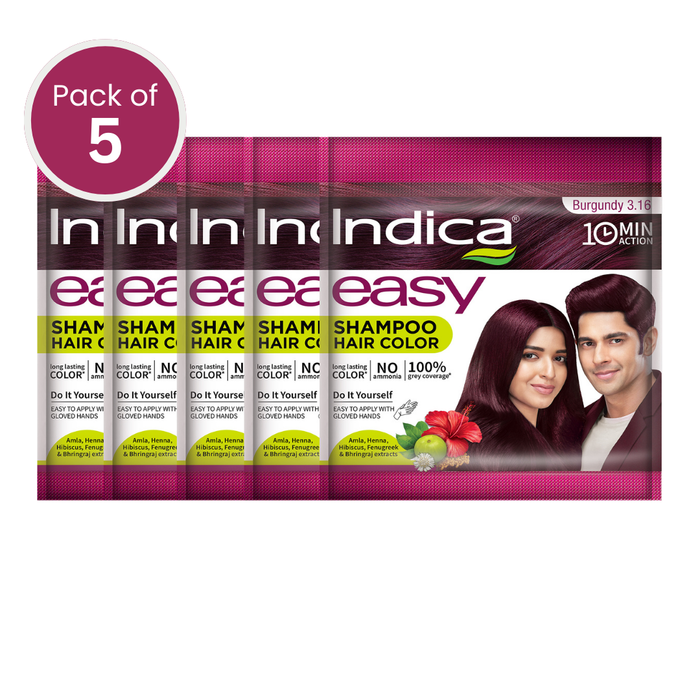 Indica Easy Hair Colour – Burgundy 9g + 9ml | No Ammonia | Enriched with Amla, Henna, Bhringraj, Hibiscus | Covers Grey in 10 Minutes | For Men & Women (Pack of 5)