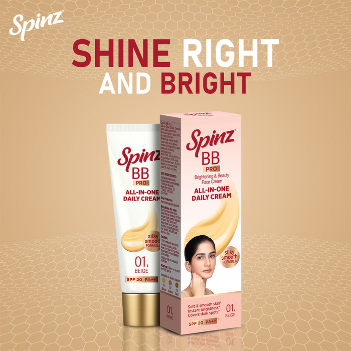 Spinz BB Pro Brightening & Beauty Face Cream with SPF 20 PA++ (Beige 01), 15g
