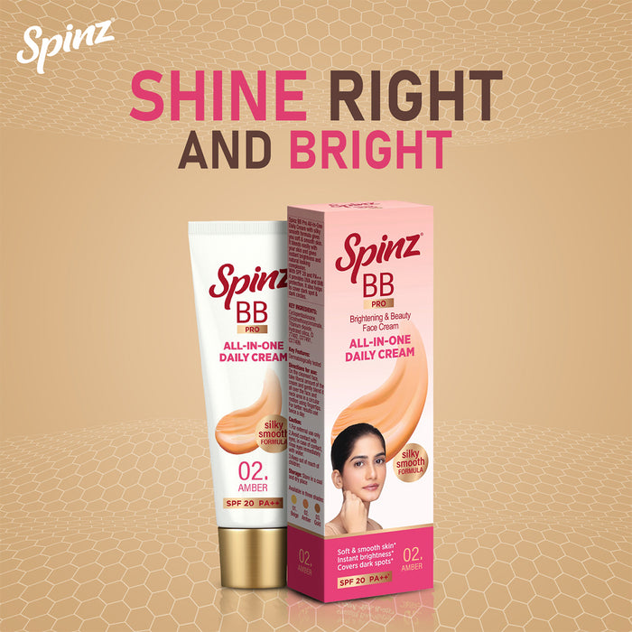 Spinz BB Pro Brightening & Beauty Face Cream with SPF 20 PA++ (Amber 02), 15g
