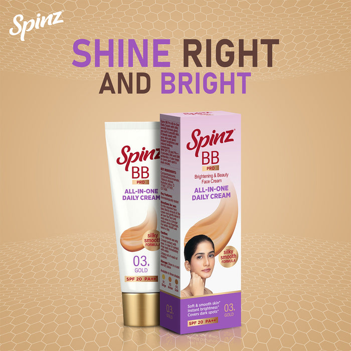 Spinz BB Pro Brightening & Beauty Face Cream with SPF 20 PA++ (Gold 03), 15g