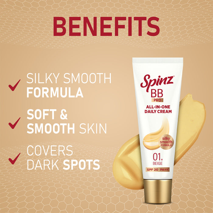Spinz BB Pro Brightening & Beauty Face Cream with SPF 20 PA++ (Beige 01), 29g