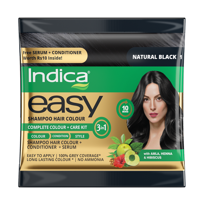 Indica Easy 3 in 1 Color + Care Kit, 10 Minutes Shampoo Hair Color (12.5ml+12.5g) with FREE Conditioner (6ml) and Serum (2.5ml), Color Condition & Style Kit - Natural Black