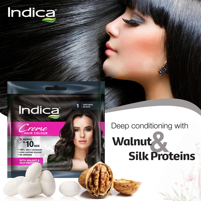 Indica Creme 10 Minutes Hair Color, Long Lasting Colour, 100% Ammonia Free with Walnut and Silk Proteins, (20g + 20ml) - Natural Black