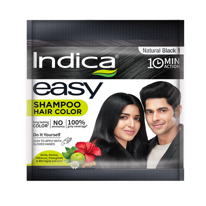 Indica Easy Do-It-Yourself 10 Minutes Hair Color Shampoo with 5 Herbal Extracts, 100% Ammonia Free, Long Lasting Formula (12.5g + 12.5ml) - Natural Black Colour (Gloves Included)