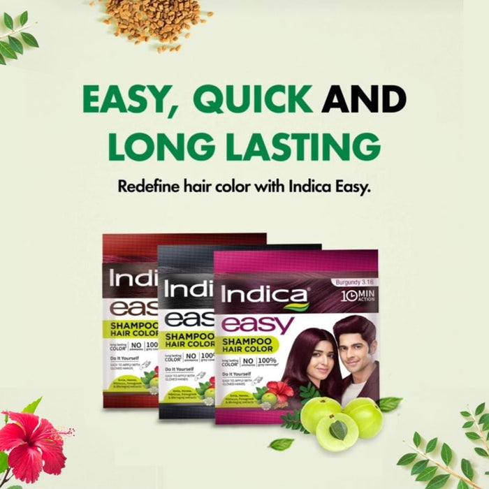 Indica Easy Do-It-Yourself 10 Minutes Hair Color Shampoo with 5 Herbal Extracts, 100% Ammonia Free, Long Lasting Formula (12.5g + 12.5ml) - Natural Black Colour (Gloves Included)