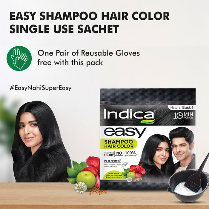 Indica Easy Do-It-Yourself 10 Minutes Hair Color Shampoo with 5 Herbal Extracts, 100% Ammonia Free, Long Lasting Formula (9g + 9ml) - Natural Black Colour (Gloves Included)