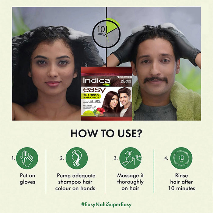 Indica Easy Do-It-Yourself 10 Minutes Hair Color Shampoo with 5 Herbal Extracts, 100% Ammonia Free, Long Lasting Formula (9g + 9ml) - Dark Brown Colour (Gloves Included)