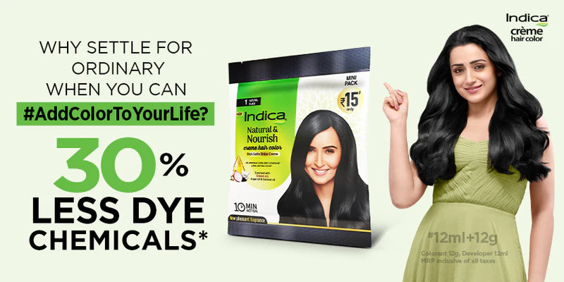 Indica Crème hair color banner highlighting rapid grey coverage with an ammonia-free formula and rich colour finish.