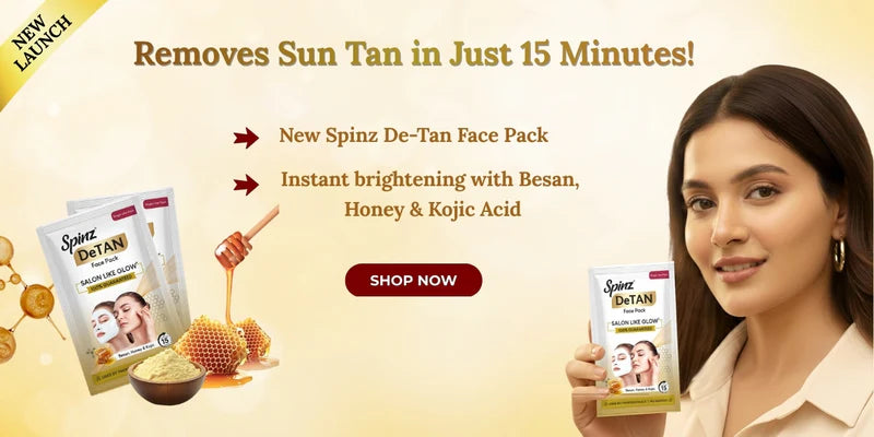 Spinz De-Tan Face Pack banner highlighting tan removal in 15 minutes with besan, honey and kojic acid