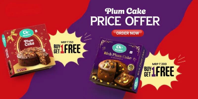 CavinKart plum cake price offer banner with buy one get one free. promotion.