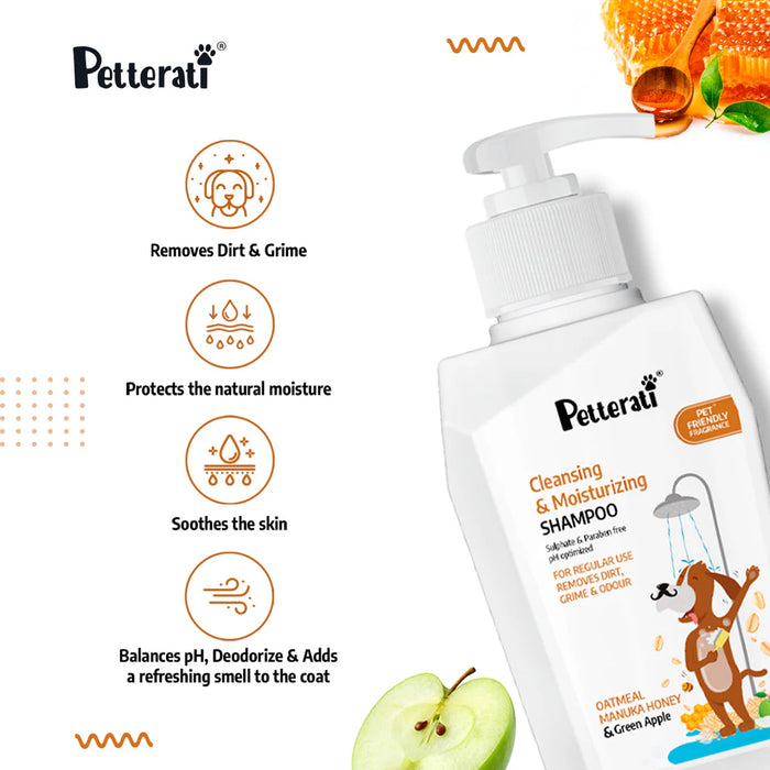 Petterati Cleansing & Moisturising Dog Shampoo with Oatmeal and Manuka Honey, 400ml | Sulphate & Paraben-Free | Vet Recommended