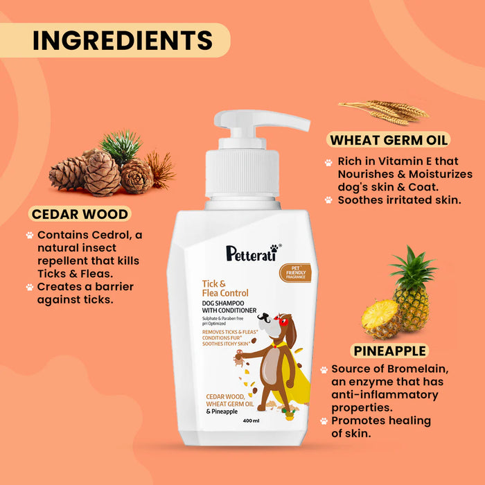 Petterati Tick & Flea Dog Shampoo With Conditioner, 400ml | For All Breeds | Removes Ticks, Fleas